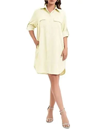 MANAIXUAN Women's Shirt Dress V Neck Long Sleeve Loose Casual with Pockets Front Button - 4