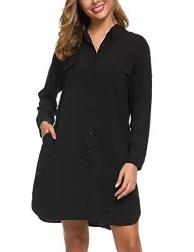 MANAIXUAN Women's Shirt Dress V Neck Long Sleeve Loose Casual with Pockets Front Button - 4