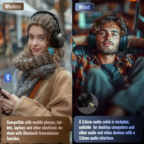 MANAYO Faol shovqinni bekor qiluvchi Bluetooth quloqchinlari, mobil telefon, noutbuk uchun mikrofonli, katlanadigan va aylanadigan simsiz simli ANC quloqchinlari, 150 soat ijro etish vaqti, Bluetooth 5.3v - 5