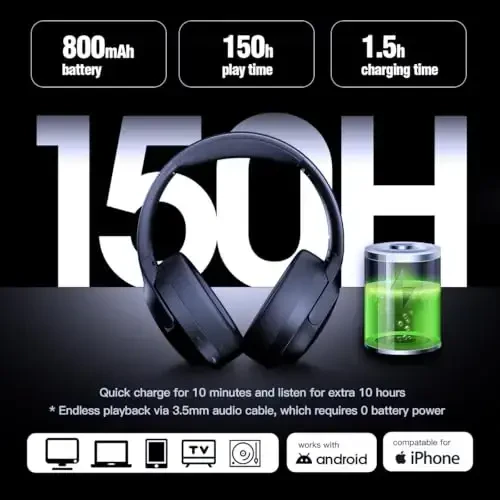 MANAYO Faol shovqinni bekor qiluvchi Bluetooth quloqchinlari, mobil telefon, noutbuk uchun mikrofonli, katlanadigan va aylanadigan simsiz simli ANC quloqchinlari, 150 soat ijro etish vaqti, Bluetooth 5.3v - 2