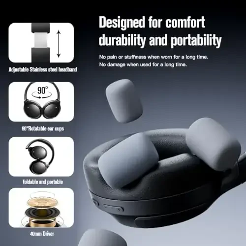 MANAYO Faol shovqinni bekor qiluvchi Bluetooth quloqchinlari, mobil telefon, noutbuk uchun mikrofonli, katlanadigan va aylanadigan simsiz simli ANC quloqchinlari, 150 soat ijro etish vaqti, Bluetooth 5.3v - 4