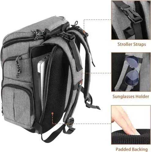 Mancro Diaper Bag Backpack, Multifunctional Travel Dad Diaper Bag with Insulated Pockets, Large Capacity Baby Diaper Backpack for Men and Women with Laptop Pocket and Stroller Straps, Grey - 4