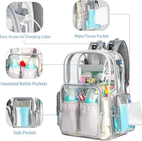 Mancro Diaper Bag Backpack, Clear Baby Bag Heavy Duty Transparent Backpack for Girls Boys, Multifunction Large Travel Backpack Maternity Baby Changing Bags for Mom with Stroller Straps, Grey - 2