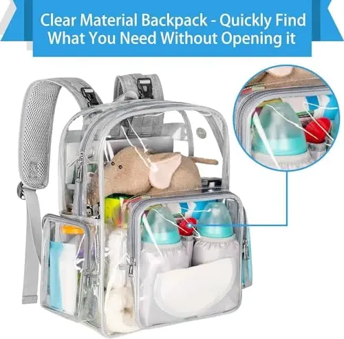 Mancro Diaper Bag Backpack, Clear Baby Bag Heavy Duty Transparent Backpack for Girls Boys, Multifunction Large Travel Backpack Maternity Baby Changing Bags for Mom with Stroller Straps, Grey - 4