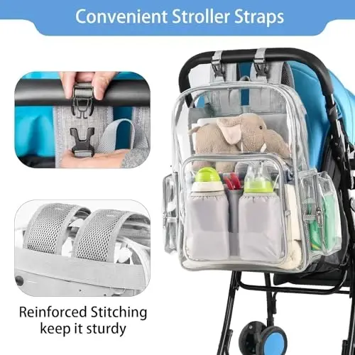 Mancro Diaper Bag Backpack, Clear Baby Bag Heavy Duty Transparent Backpack for Girls Boys, Multifunction Large Travel Backpack Maternity Baby Changing Bags for Mom with Stroller Straps, Grey - 5