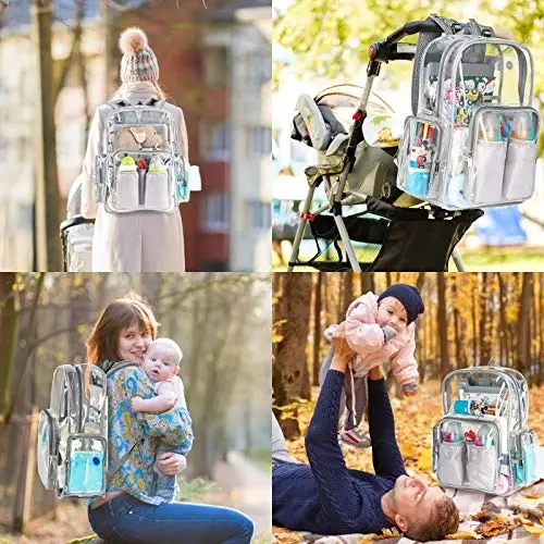 Mancro Diaper Bag Backpack, Clear Baby Bag Heavy Duty Transparent Backpack for Girls Boys, Multifunction Large Travel Backpack Maternity Baby Changing Bags for Mom with Stroller Straps, Grey - 6