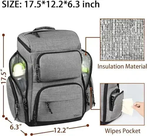 Mancro Diaper Bag Backpack, Multifunctional Travel Dad Diaper Bag with Insulated Pockets, Large Capacity Baby Diaper Backpack for Men and Women with Laptop Pocket and Stroller Straps, Grey - 5
