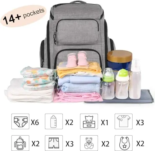Mancro Diaper Bag Backpack, Multifunctional Travel Dad Diaper Bag with Insulated Pockets, Large Capacity Baby Diaper Backpack for Men and Women with Laptop Pocket and Stroller Straps, Grey - Mancro (1)