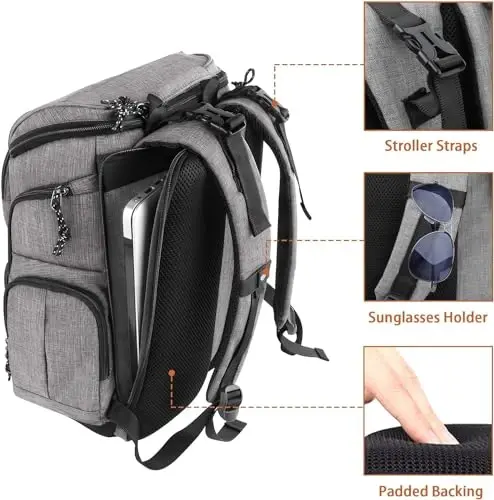 Mancro Diaper Bag Backpack, Multifunctional Travel Dad Diaper Bag with Insulated Pockets, Large Capacity Baby Diaper Backpack for Men and Women with Laptop Pocket and Stroller Straps, Grey - 4