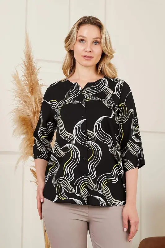 Mandarin Collar Patterned Voile Viscose Plus Size Black Shirt - 1