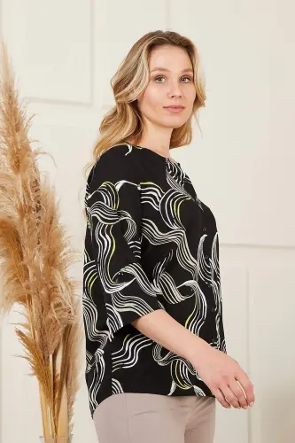 Mandarin Collar Patterned Voile Viscose Plus Size Black Shirt - BÜYÜKBEDENIZ (1)