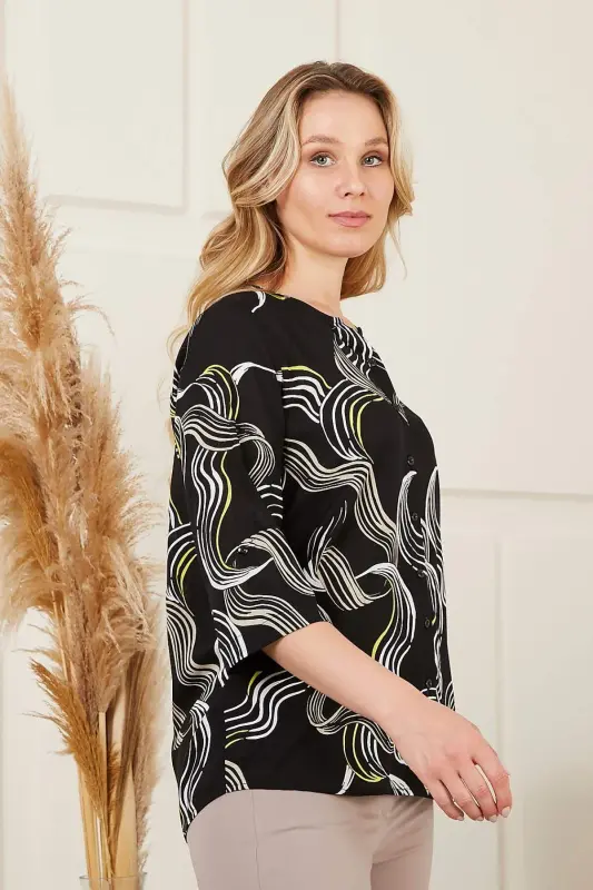 Mandarin Collar Patterned Voile Viscose Plus Size Black Shirt - 2