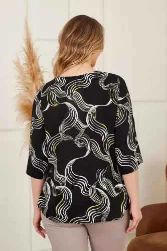 Mandarin Collar Patterned Voile Viscose Plus Size Black Shirt - 4