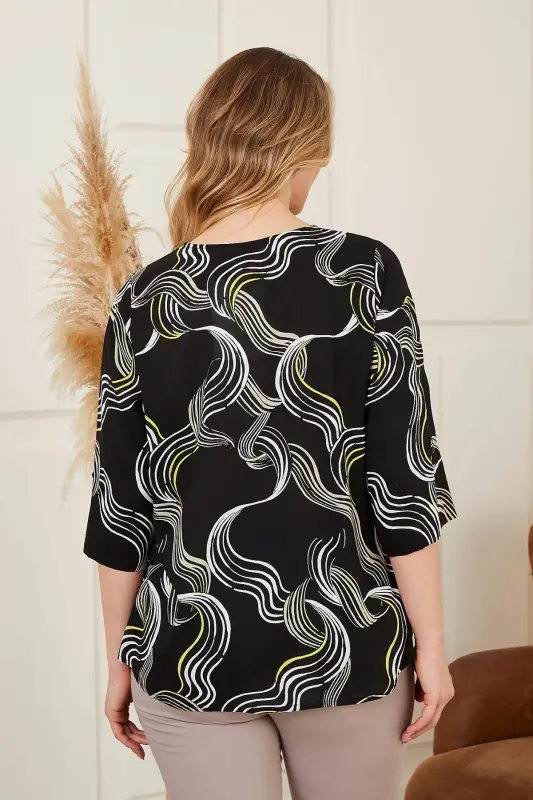 Mandarin Collar Patterned Voile Viscose Plus Size Black Shirt - 4