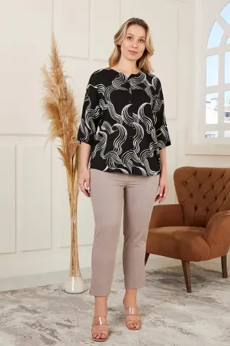 Mandarin Collar Patterned Voile Viscose Plus Size Black Shirt - 5