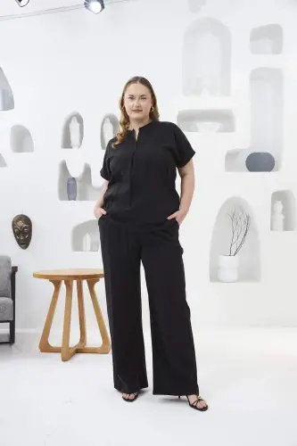 Mandarin Collar Plus Size Blouse Black - 7