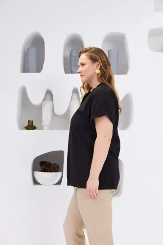 Mandarin Collar Plus Size Blouse Black - BÜYÜKBEDENIZ (1)