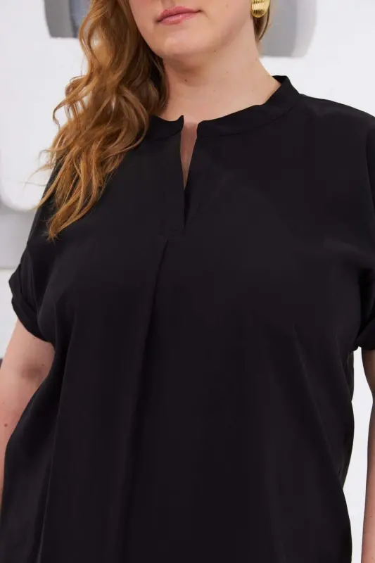Mandarin Collar Plus Size Blouse Black - 3