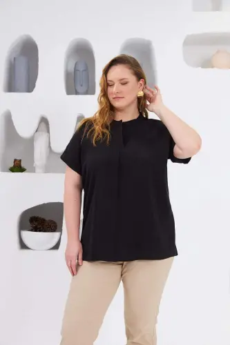 Mandarin Collar Plus Size Blouse Black - 4