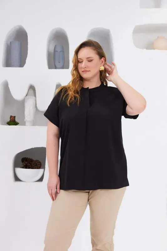 Mandarin Collar Plus Size Blouse Black - 4