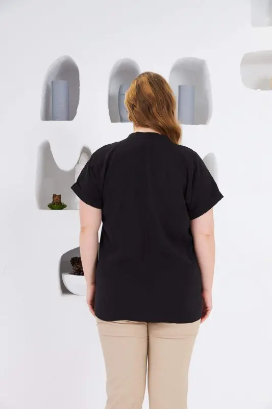 Mandarin Collar Plus Size Blouse Black - 5