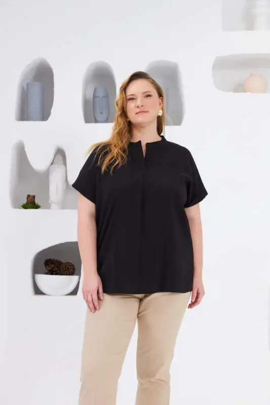Mandarin Collar Plus Size Blouse Black - BÜYÜKBEDENIZ