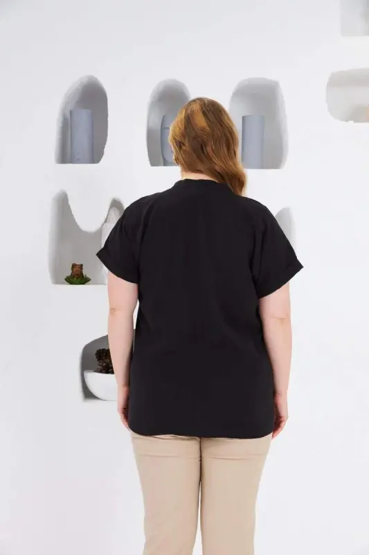 Mandarin Collar Plus Size Blouse Black - 5