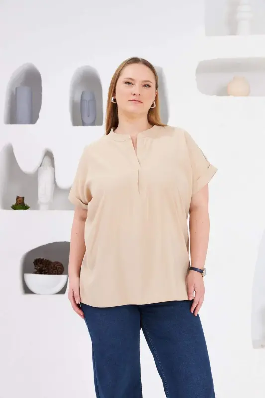 Mandarin Collar Plus Size Blouse Cream - BÜYÜKBEDENIZ