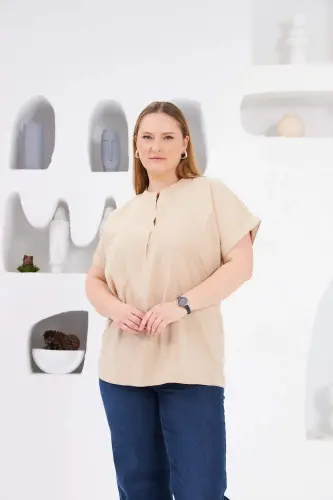 Mandarin Collar Plus Size Blouse Cream - BÜYÜKBEDENIZ (1)