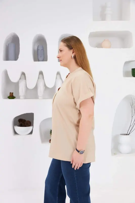 Mandarin Collar Plus Size Blouse Cream - 4