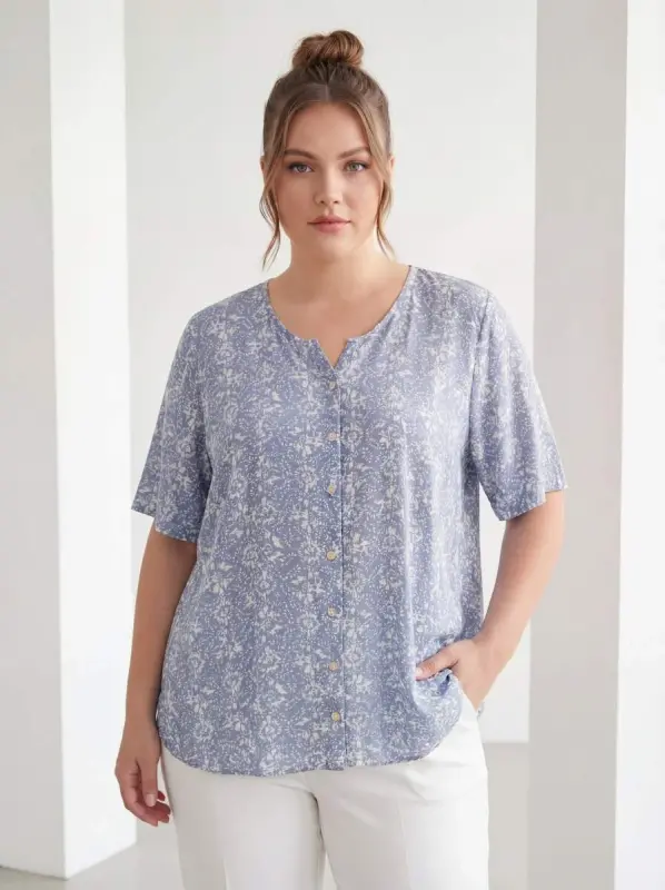 Mandarin Collar Short Sleeve Plus Size Shirt Baby Blue - 2