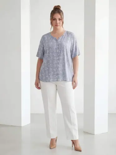 Mandarin Collar Short Sleeve Plus Size Shirt Baby Blue - 3