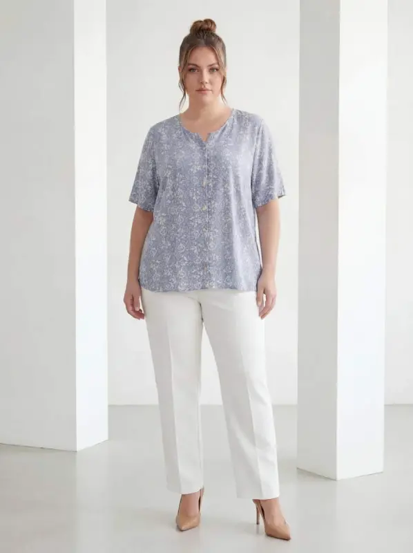 Mandarin Collar Short Sleeve Plus Size Shirt Baby Blue - 3