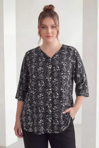 Mandarin Collar Short Sleeve Plus Size Shirt Black - 1
