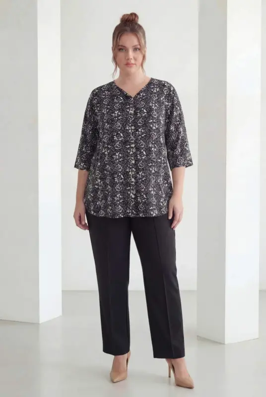 Mandarin Collar Short Sleeve Plus Size Shirt Black - 3