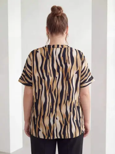 Hakim Yaka Zebra Desen Büyük Beden Bluz Siyah - 4