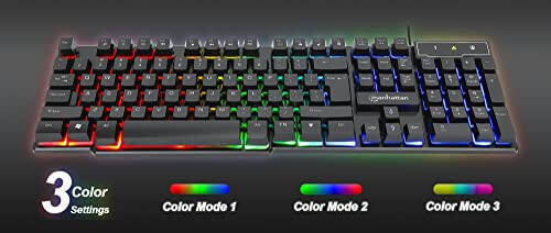 MANHATTAN Kablolu Membran Oyun Klavyesi - Arka Aydınlatmalı RGB LED, USB-A Bağlantısı, Sessiz Tuş Vuruşları, 12 Çoklu Ortam İşlevi Tuşu - Bilgisayar, PC, Masaüstü, Oyuncu İçin - 3 Yıl Üretici Garantisi - 180603 - 4