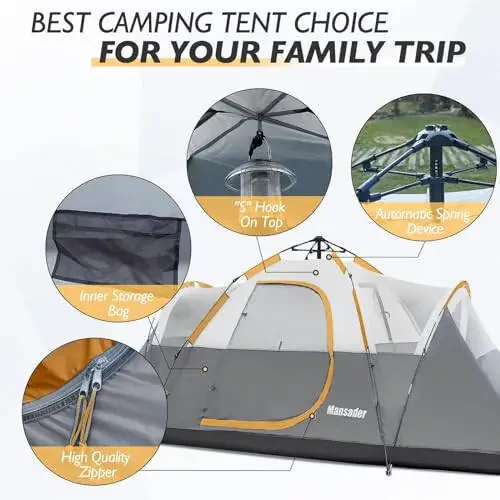 Mansader 6 kishilik oilavi lager chodiri, suv o'tkazmaydigan shamol o'tkazmaydigan yuqori yomg'irlik bilan, oson o'rnatish, ochiq havoda lager qilish, sayohat qilish uchun pop-up chodir - 6