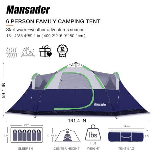 Mansader 6 Person Family Camping Tent,Waterproof Windproof with Top Rainfly,Easy Set Up,Pop Up Tent for Outdoor Camping Hiking Travel - 2