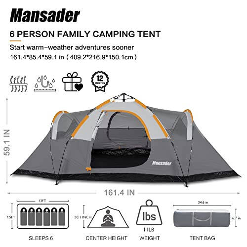 Mansader 6 Person Family Camping Tent,Waterproof Windproof with Top Rainfly,Easy Set Up,Pop Up Tent for Outdoor Camping Hiking Trave - 2