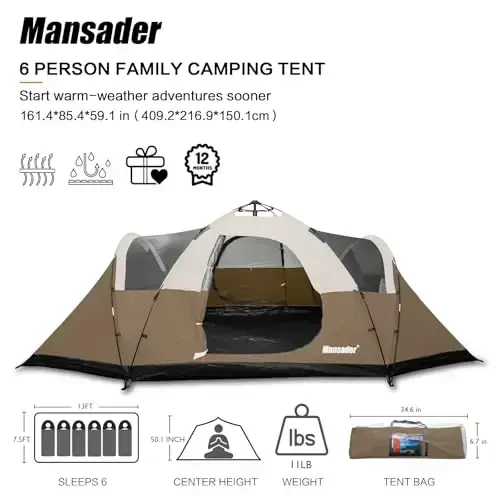 Mansader 6 Person Family Camping Tent,Waterproof Windproof with Top Rainfly,Easy Set Up,Pop Up Tent for Outdoor Camping Hiking Trave - MANSADER (1)