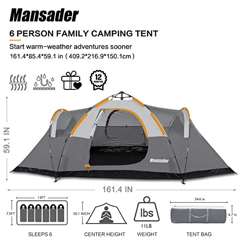 Mansader 6 Person Family Camping Tent, Waterproof Windproof with Top Rainfly, Easy Set Up, Pop Up Tent for Outdoor Camping Hiking Travel - Mansader (1)