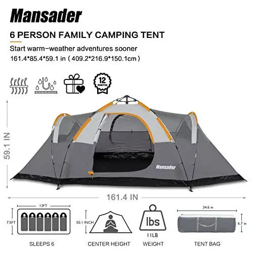 Mansader 6 Person Family Camping Tent, Waterproof Windproof with Top Rainfly, Easy Set Up, Pop Up Tent for Outdoor Camping Hiking Travel - 2