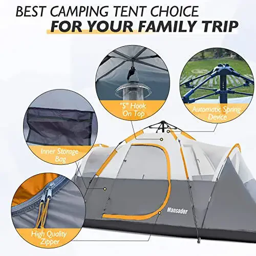 Mansader 6 Person Family Camping Tent, Waterproof Windproof with Top Rainfly, Easy Set Up, Pop Up Tent for Outdoor Camping Hiking Travel - 9
