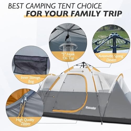 Mansader 6 Person Family Camping Tent, Waterproof Windproof with Top Rainfly, Easy Set Up, Pop Up Tent for Outdoor Camping Hiking Travel - 6