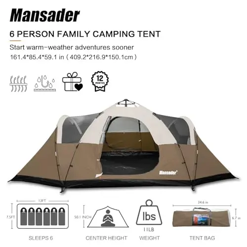Mansader 6 Person Family Camping Tent,Waterproof Windproof with Top Rainfly,Easy Set Up,Pop Up Tent for Outdoor Camping Hiking Trave - MANSADER (1)