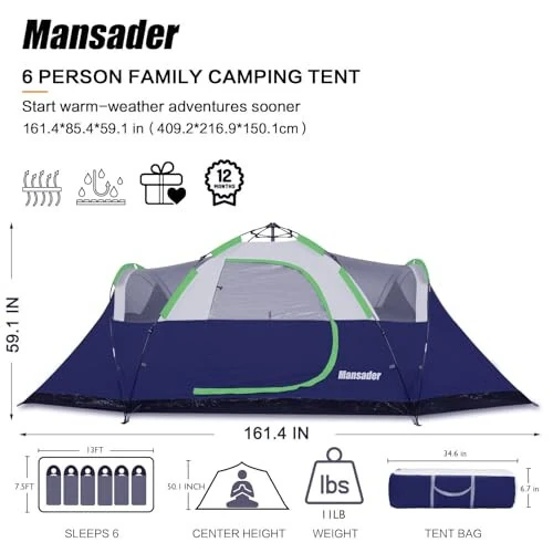 Mansader 6 Person Family Camping Tent,Waterproof Windproof with Top Rainfly,Easy Set Up,Pop Up Tent for Outdoor Camping Hiking Travel - 2