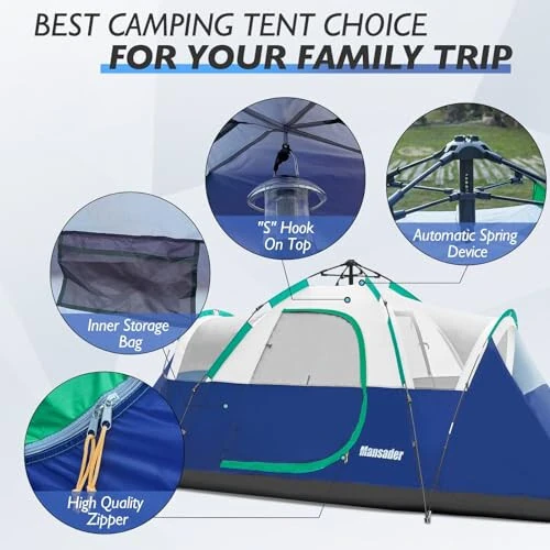 Mansader 6 Person Family Camping Tent,Waterproof Windproof with Top Rainfly,Easy Set Up,Pop Up Tent for Outdoor Camping Hiking Travel - 5