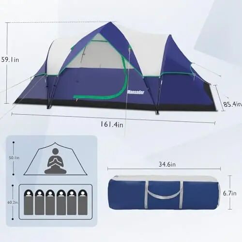 Mansader 6 Person Tent Family Camping, Instant Extended Pop Up Dome Tents with Water-Resistant Rainfly and Mesh Roofs & Door & Windows, Quick Setup, Blue - 3