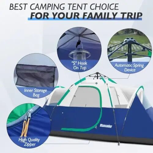 Mansader 6 Person Tent Family Camping, Instant Extended Pop Up Dome Tents with Water-Resistant Rainfly and Mesh Roofs & Door & Windows, Quick Setup, Blue - 5